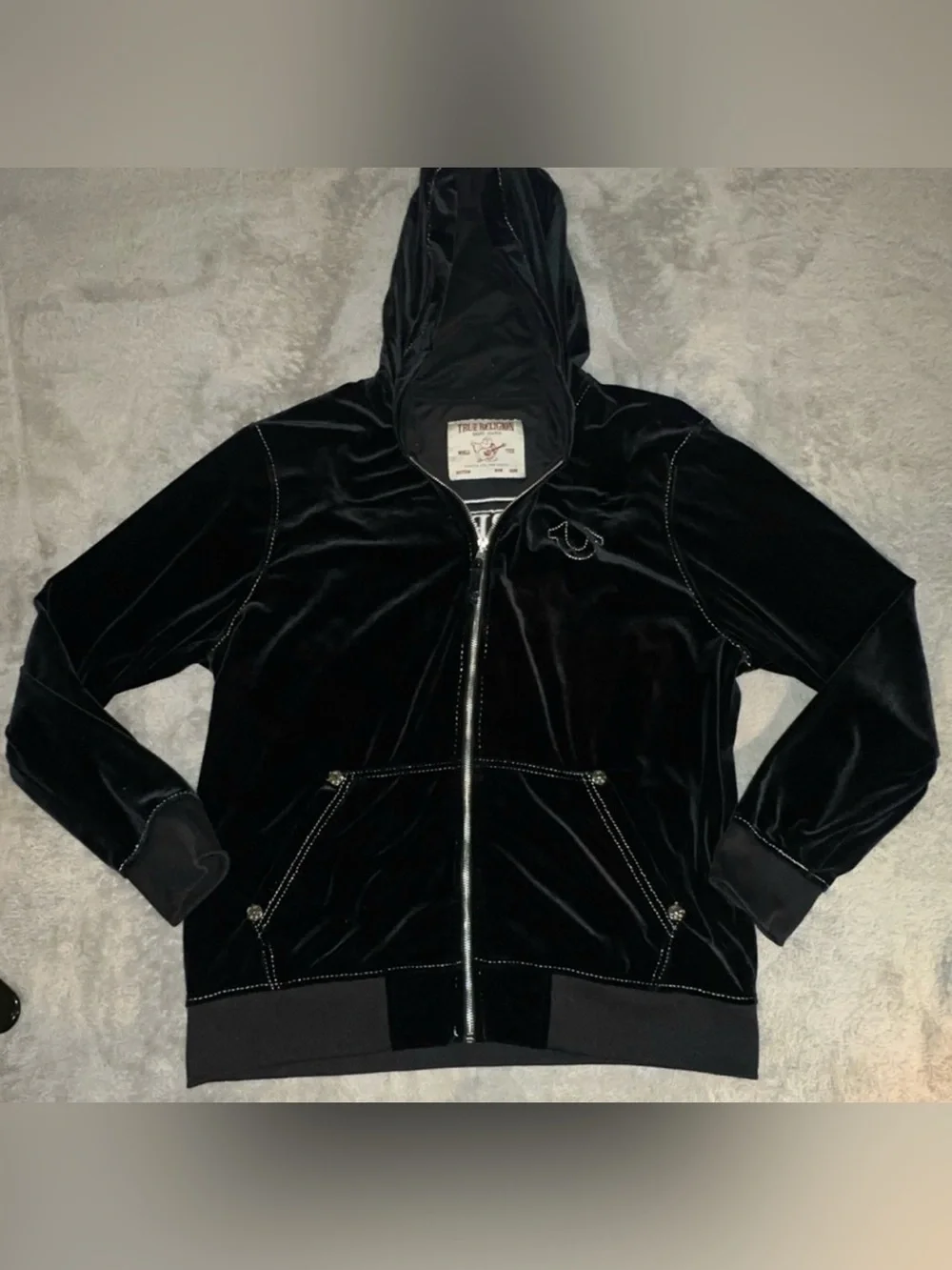 True Religion Black Velour Hoodie Jacket with World Tour Back Patch